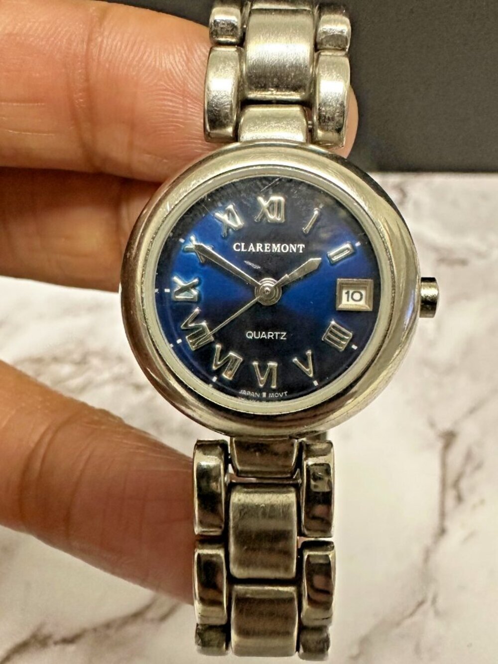 3/$30 Claremont Watch Women Silver Tone Blue Dial Date Window 24MM Round
